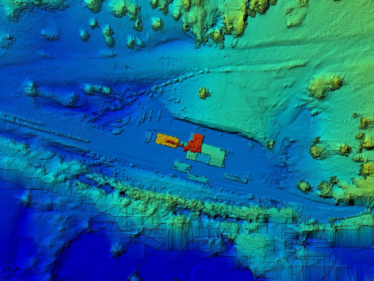 Colour-shaded elevation model of a feed mill and grain silo facility, produced from drone photogrammetry